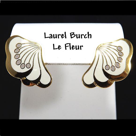 Laurel Burch "Le Fleur" Gold & White Post Earrings, Gold Plated, 1980s Vintage - Picture 1 of 10